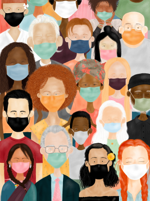 Illustration of multiracial masked people being aware